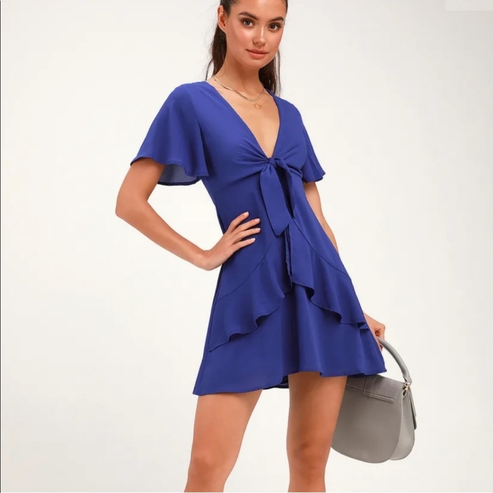Lulus Jewell Royal BlueTie-Front Ruffled Dress